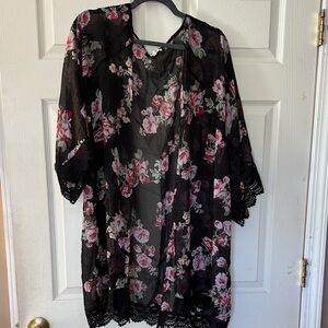 Maurices Black Sheer Floral Kimono with Pink Blossoms